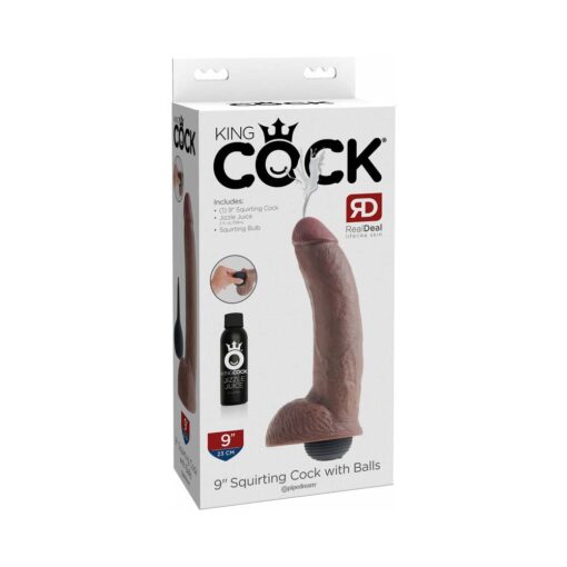 Pipedream King Cock 9 in. Squirting Cock With Balls Realistic Dildo Brown