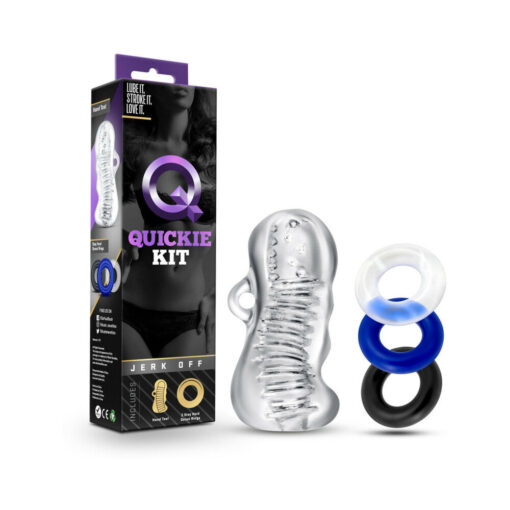 Quickie Kit Jerk Off Stroker & 3-Piece Cockring Set Clear