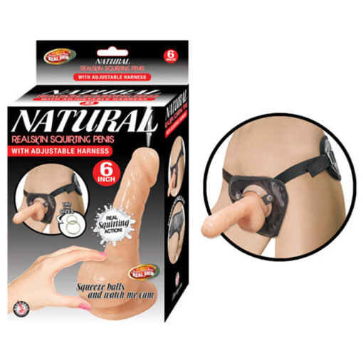 Natural Realskin Squirting Penis W-Adjustable Harness 6in Flesh