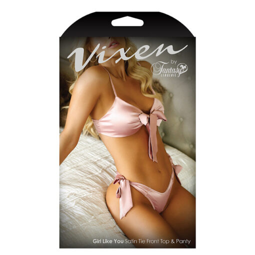 Fantasy Lingerie Vixen Girl Like You Satin Tie-Front Top & Matching Side-Tie Panty Light Pink L-XL