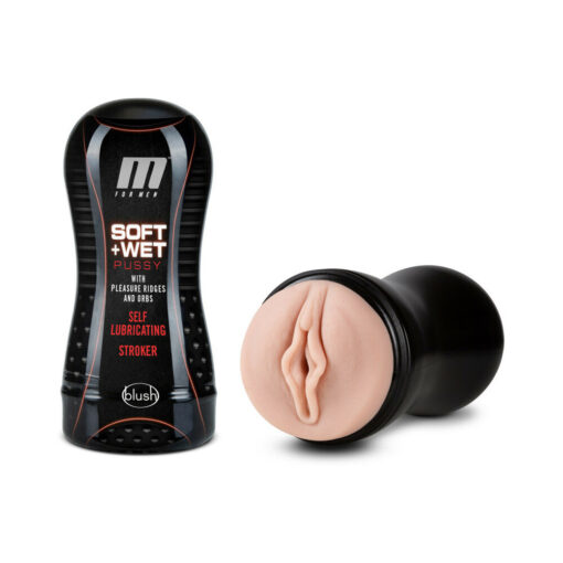 M for Men Soft + Wet Pussy with Pleasure Ridges & Orbs Self-Lubricating Vagina Stroker Beige