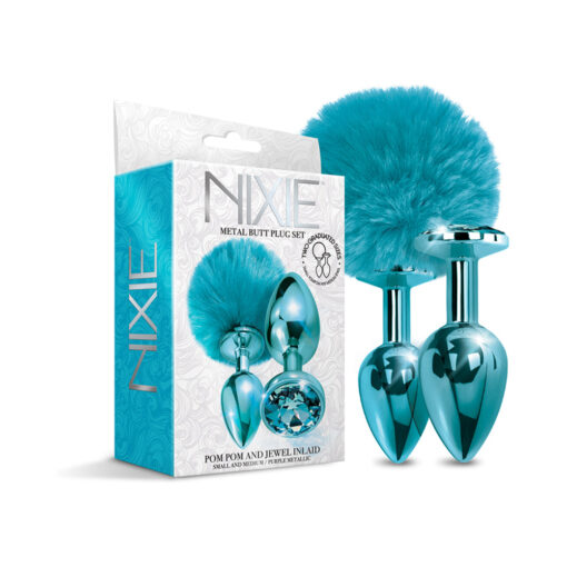 NIXIE Metal Butt Plug Set Pom Pom and Jewel-Inlaid Metallic Blue