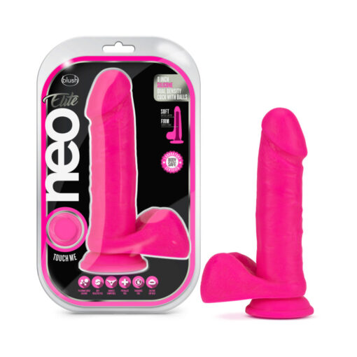 Neo Elite 8 in. Silicone Dual Density Dildo With Balls Neon Pink