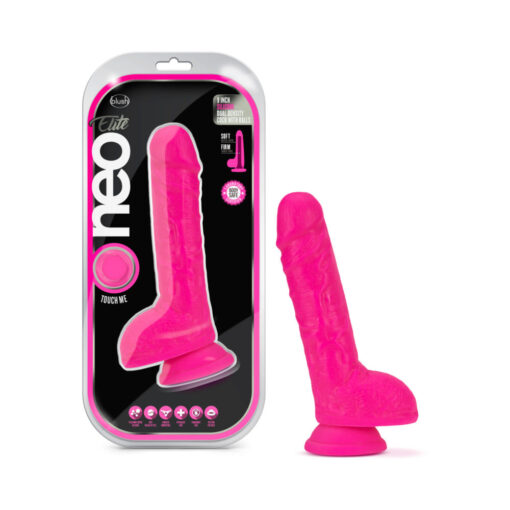 Neo Elite 9 in. Silicone Dual Density Dildo with Balls Neon Pink