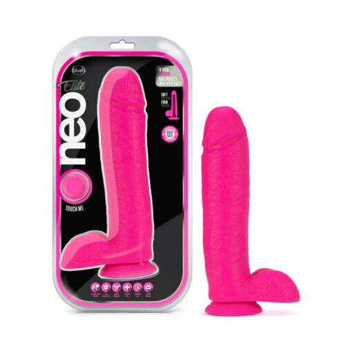 Neo Elite 10 in. Silicone Dual Density Dildo with Balls Neon Pink