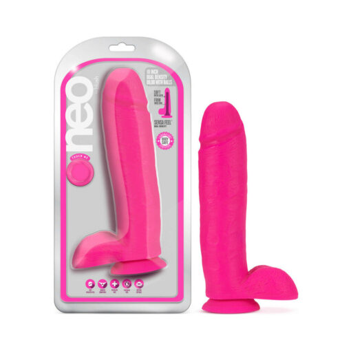 Neo 10 in. Dual Density Dildo with Balls Neon Pink