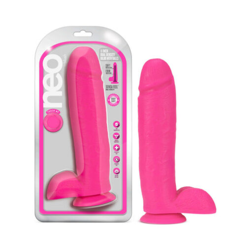 Neo 11 in. Dual Density Dildo with Balls Neon Pink