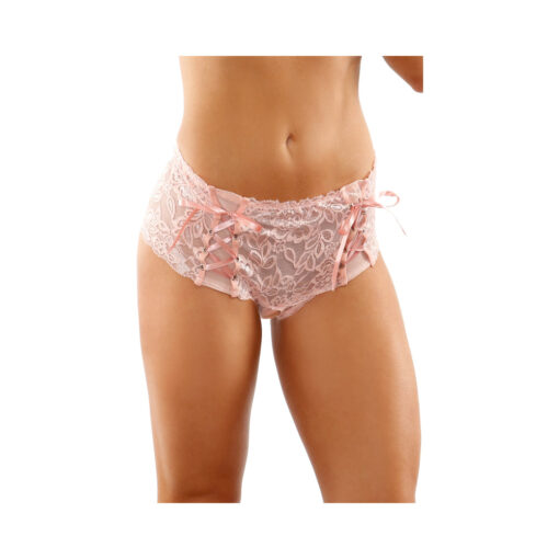 Magnolia Crotchless Lace Boyshort With Lace-Up Panel Details Light Pink L-XL