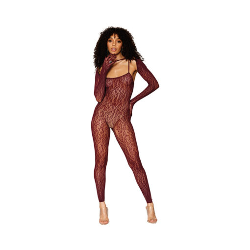 Dreamgirl Animal Print Fishnet Lace Bodystocking & Shrug Burgundy O-S