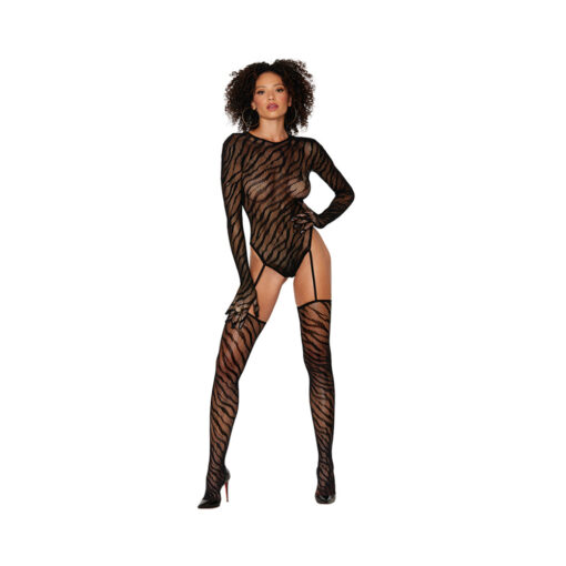 Dreamgirl Animal Print Fishnet Gloved Suspender Teddy Bodystocking With Keyhole Back Black O-S