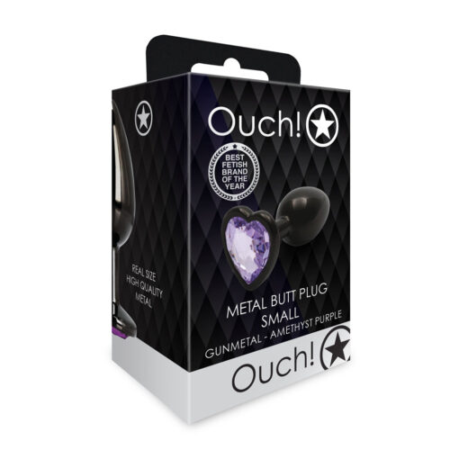 Ouch! Heart Gem Butt Plug Small Gunmetal-Amethyst