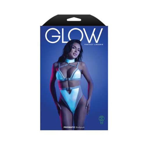 Fantasy Lingerie Glow Prismatic Iridescent Glow-in-the-Dark Cut-Out Harness Bodysuit S-M