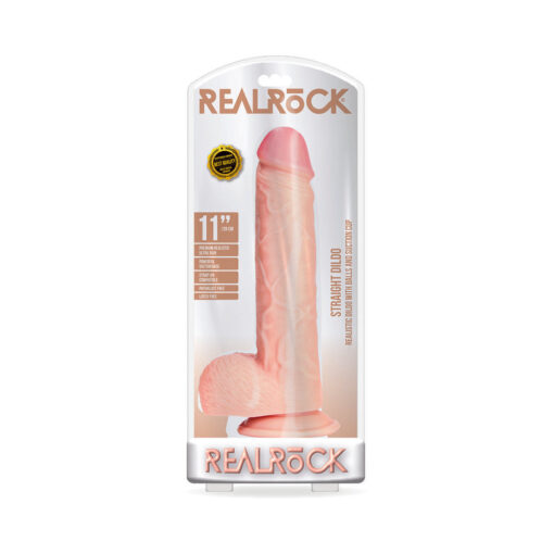 RealRock Realistic 11 in. Straight Dildo With Balls and Suction Cup Beige