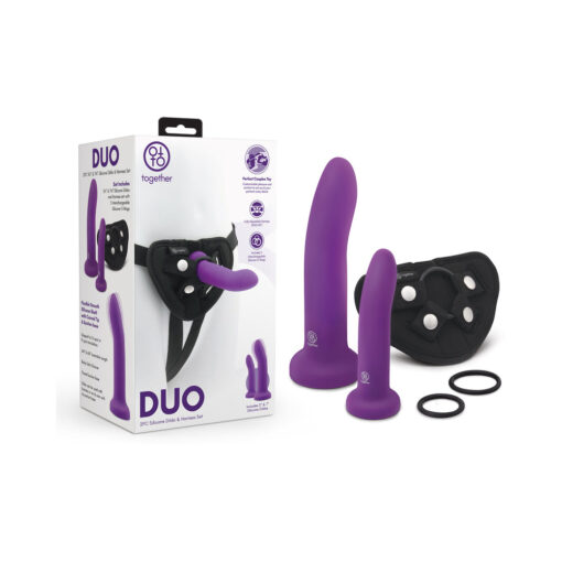 Together Duo Silicone 2-Piece 5.5 in. & 8 in. Dildo and Harness Set Purple