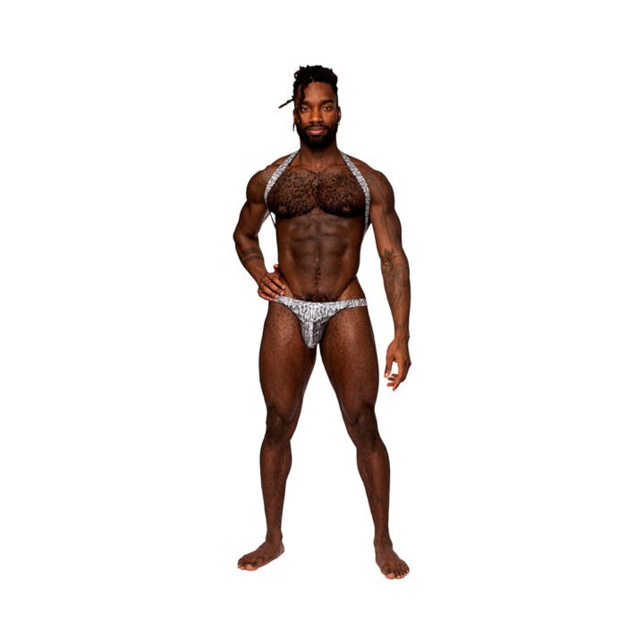 Male Power S''naked Shoulder Sling Harness Thong One-Piece Silver/Black S/M